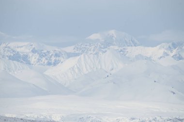 Alaska 'daki Denali Otobanı' nda beyaz bir bahar gününde bulutlarla kaplı dağlar.. 