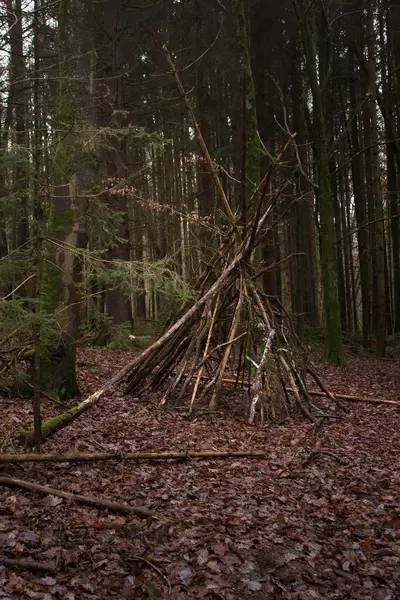 Karanlık bir kış günü Geramy 'nin Palatinate Ormanı' nda Hexenklamm yürüyüş yolunda çadır.