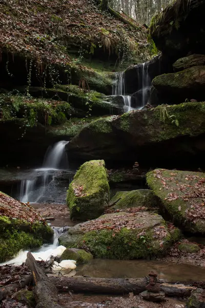 Almanya 'nın Palatinate Ormanı' ndaki karanlık bir kış gününde Hexenklamm 'da kayaların üzerinde küçük bir havuza şelale.