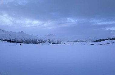 Alaska 'da soğuk ve karanlık bir kış gününde, Castner Mağarası' nın yakınındaki dağlarda ve yerde kar.. 