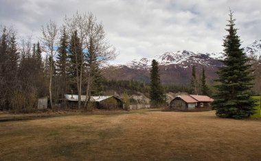 Wiseman, Alaska - 25 Mayıs 2024: Dalton Otoyolu 'nda bir bahar günü Wiseman, Alaska' daki binaların arkasındaki dağlar.