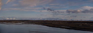 Salcha Nehri 'nin arkasındaki dağlar Pano, Alaska, Salcha' da bir bahar akşamı.