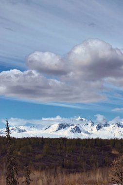 Alaska 'daki Denali Otoyolu' nda güneşli bir bahar gününde derenin arkasındaki karlı dağların üzerindeki bulutlar..