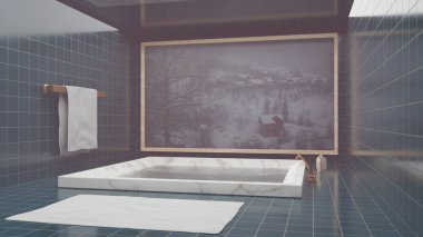 Büyük pencereli, havuzlu, küvetli, halı ve havlusu olan sisli, modern bir sauna kaplıcası. 3d resimleme