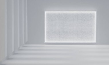 Fütürist sanat sergisi konsepti. Duvarında ışıklı tuval olan ferah bir salon. 3d resimleme