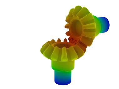 İki bağlantılı dişlinin mekanik stres analizi çizimi. 3d resim çizimi, kopyalama alanı olan beyaz arkaplan üzerinde izole edildi