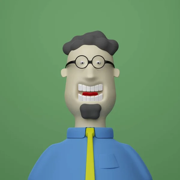 cheerful man blue-collar office worker in blue shirt, yellow tie, wearing glasses, curly hair, goatee beard. 3d style character illustration render