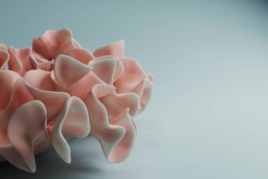 Kozmetik ürün reklam sunumu için mavi arkaplan üzerine yapay pembe mercan. Kopyalama alanı ile 3d illüstrasyon oluşturucu 