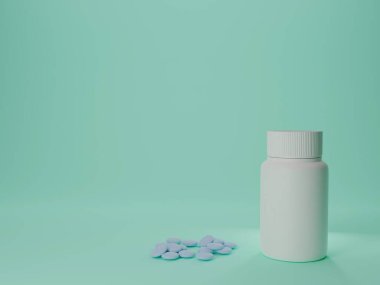 Plastik şişenin yanında bir sürü hap var. Tıp konsepti çizimi. 3d illüstrasyon oluşturucu