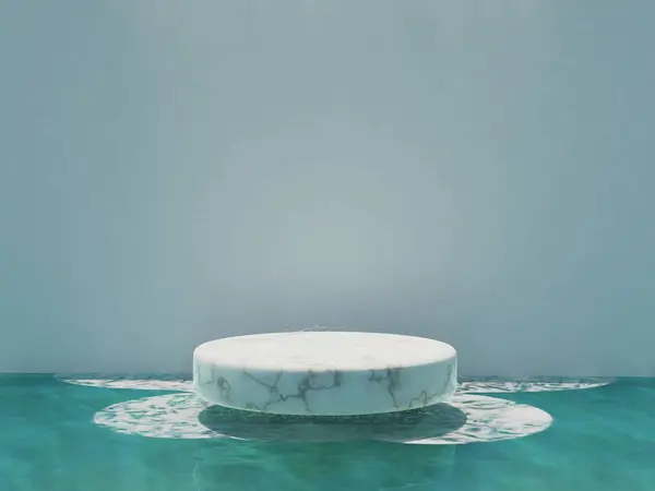 round marble product stand floating over blue water. mockup for beauty and cosmetic products . 3d illustration render