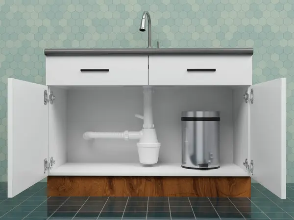kitchen cabinet wide open doors with sink and trash can. plumber repair service concept. 3d illustration render