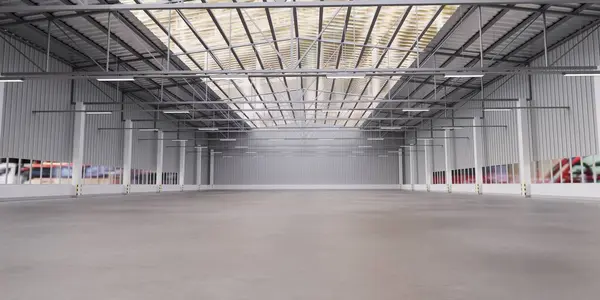 Tavandan sarkan ışıkları ve kısmen cam çatılı beyaz sanayi deposu hangar binası. 3B Resim Hazırlama