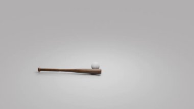 Beyzbol topunun 360 derecelik görüntüsü ve gri arka planda bir sopa. Sopa hafifçe açılı, ve toplar açıkça görülüyor, sporun klasik unsurlarını gösteriyor..