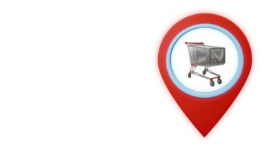 Coğrafi harita nokta GPS konum etiketi ve beyaz arka planda alışveriş arabası simgesi. Alışveriş merkezi konsepti