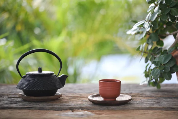 Metal Çay Demliği Çay Fincanı Ahşap Masaya Saksı — Stok fotoğraf
