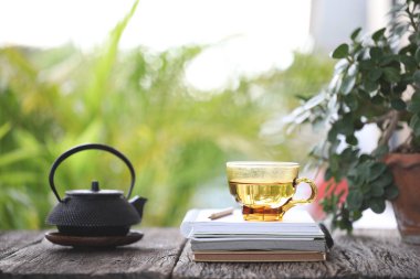 Metal çay demliği ve çay fincanı ve ahşap masaya saksı.