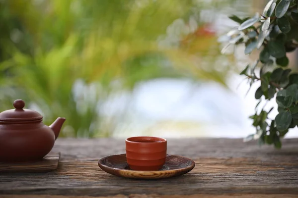 Toprak Tenceresi Çay Demliği Çay Fincanı Ahşap Masaya Saksı — Stok fotoğraf