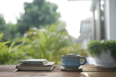 Eski mavi bardak, defterler ve saksı.