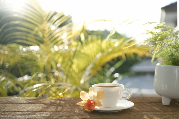 Coffee cup and orchid flower on table at balcony