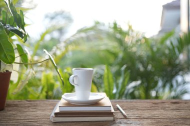 Ahşap tepside beyaz kahve fincanı ve bahçede güneş ışığı altında ahşap masa üzerinde bitki içeren defter.