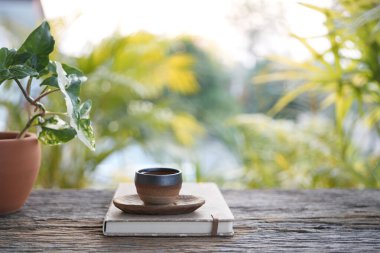 Samimi bahçede eski bir çay fincanı, dinlendirici bir açık hava.