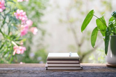 Köy ahşap masa ve saksı bitkisi yığını.