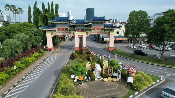 stock image Kuching, Malaysia - June 21 2024: Aerial View of Landmark Buildings in Kuching City