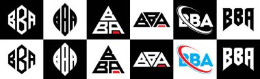 BBA harfli logo tasarımı. Altı stili. BBA çokgeni, çember, üçgen, altıgen, düz ve basit stil, siyah ve beyaz renk varyasyon harfi logosu bir sanat tahtasında. BBA minimalist ve klasik logo