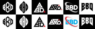 BBD harfli logo tasarımı. Altı stili. BBD çokgeni, çember, üçgen, altıgen, düz ve basit stil siyah ve beyaz renk varyasyon harfi logosu bir sanat tahtasında. BBD minimalist ve klasik logo