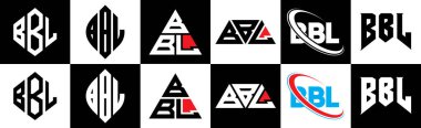BBL harf logosu tasarımı altı stil. BBL çokgeni, çember, üçgen, altıgen, düz ve basit stil siyah ve beyaz renk varyasyon harfi logosu bir sanat tahtasında. BBL minimalist ve klasik logo