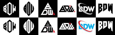 BDW harfli logo tasarımı. Altı stili. BDW çokgen, çember, üçgen, altıgen, düz ve basit stil, siyah ve beyaz renk varyasyon harfi logosu bir sanat tahtasında. BDW minimalist ve klasik logo