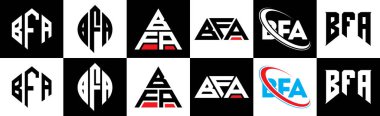 BFA harfli logo tasarımı. Altı stili. BFA çokgeni, çember, üçgen, altıgen, düz ve basit stil, siyah ve beyaz renk varyasyon harfi logosu bir sanat tahtasında. BFA minimalist ve klasik logo