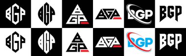 BGP harf logosu tasarımı altı stilde. BGP çokgeni, çember, üçgen, altıgen, düz ve basit stil siyah ve beyaz renk varyasyon harfi logosu bir sanat tahtasında. BGP minimalist ve klasik logo