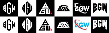 BGW harfli logo tasarımı. Altı stili. BGW çokgen, çember, üçgen, altıgen, düz ve basit stil siyah ve beyaz renk varyasyon harfi logosu bir sanat tahtasında. BGW minimalist ve klasik logo