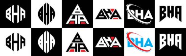 BHA harf logosu tasarımı altı stil. BHA çokgeni, çember, üçgen, altıgen, düz ve basit stil siyah ve beyaz renk varyasyon harfi logosu bir sanat tahtasında. BHA minimalist ve klasik logo