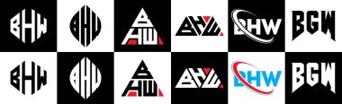 BHW harfli logo tasarımı. Altı stili. BHW çokgen, çember, üçgen, altıgen, düz ve basit stil siyah ve beyaz renk varyasyon harfi logosu bir sanat tahtasında. BHW minimalist ve klasik logo