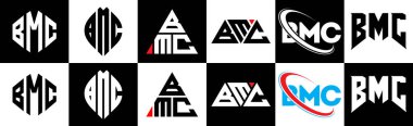 BMC harf logosu altı stili tasarlanmış. BMC çokgeni, çember, üçgen, altıgen, düz ve basit stil, siyah ve beyaz renk varyasyon harfi logosu bir sanat tahtasında. BMC minimalist ve klasik logo