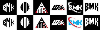 BMK harf logosu altı stili tasarlanmış. BMK çokgeni, çember, üçgen, altıgen, düz ve basit stil, siyah ve beyaz renk varyasyon harfi logosu bir sanat tahtasında. BMK minimalist ve klasik logo