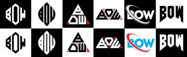 BOW harfli logo tasarımı altı stilde. BOW çokgeni, çember, üçgen, altıgen, düz ve basit stil, siyah ve beyaz renk varyasyon harfi logosu bir sanat tahtasında. Bow minimalist ve klasik logo