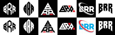 BRR harf logosu altı stili tasarlanmış. BRR çokgeni, çember, üçgen, altıgen, düz ve basit stil, siyah ve beyaz renk varyasyon harfi logosu bir sanat tahtasında. BRR minimalist ve klasik logo