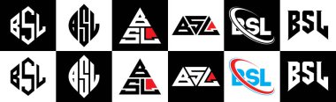 BSL harf logosu tasarımı altı stilde. BSL çokgeni, çember, üçgen, altıgen, düz ve basit stil siyah ve beyaz renk varyasyon harfi logosu bir sanat tahtasında. BSL minimalist ve klasik logo