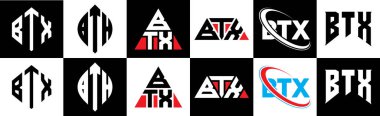 BTX harfli logo tasarımı. Altı stili. BTX çokgeni, çember, üçgen, altıgen, düz ve basit stil siyah ve beyaz renk varyasyon harfi logosu bir sanat tahtasında. BTX minimalist ve klasik logo