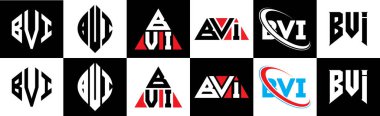 BVI harfli logo tasarımı. Altı stili. BVI çokgeni, çember, üçgen, altıgen, düz ve basit stil siyah ve beyaz renk varyasyon harfi logosu bir sanat tahtasında. BVI minimalist ve klasik logo