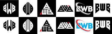 BWB harfli logo tasarımı. Altı stili. BWB çokgeni, çember, üçgen, altıgen, düz ve basit stil siyah ve beyaz renk varyasyon harfi logosu bir sanat tahtasında. BWB minimalist ve klasik logo