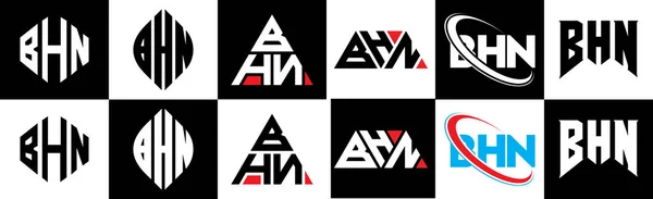 Bhn字母标识设计有六种风格 Bhn多边形 三角形 六边形 扁平和简单的风格 黑色和白色的变化字母标识设置在一个艺术板 Bhn简约和经典标志 — 图库矢量图片