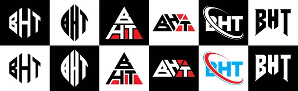 6つのスタイルでBhtの文字のロゴデザイン Bht多角形 三角形 六角形 フラットと黒と白の色のバリエーション文字のロゴが1つのアートボードに設定されているシンプルなスタイル Bhtミニマリストと古典的なロゴ — ストックベクタ