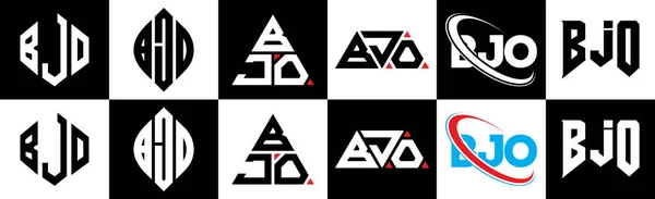Bjoの文字ロゴデザインは6スタイルです Bjo多角形 三角形 六角形 フラットと黒と白の色のバリエーション文字のロゴが1つのアートボードに設定されているシンプルなスタイル Bjoミニマリストと古典的なロゴ — ストックベクタ