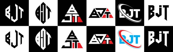 Bjt字母标识设计有六种风格 Bjt多边形 三角形 六边形 平面和简单风格 黑白变化字母标识设置在一个艺术板 Bjt简约和经典标志 — 图库矢量图片