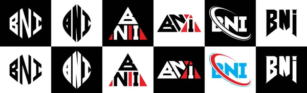 Bniレターロゴデザインは6スタイル Bni多角形 三角形 六角形 フラットと黒と白の色のバリエーション文字のロゴが1つのアートボードに設定されているシンプルなスタイル Bniミニマリストとクラシックロゴ — ストックベクタ