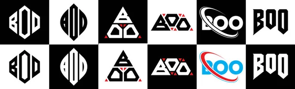 Booの手紙のロゴデザイン6スタイルで Boo多角形 三角形 六角形 フラットと黒と白の色のバリエーション文字のロゴが1つのアートボードに設定されているシンプルなスタイル Booミニマリストと古典的なロゴ — ストックベクタ